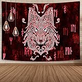 Viking Wolf Wall Decor Tapestry, Ancient Norse Rune Viking Decor Tapestries Wall Hanging, Medieval...