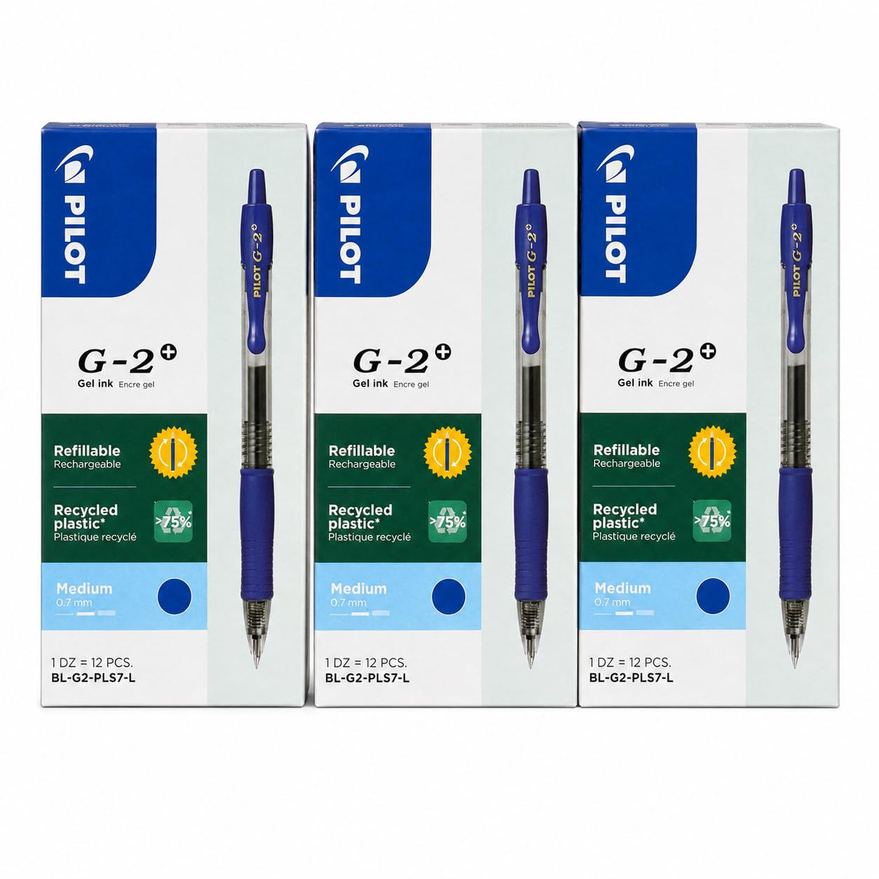 PILOT G-2 0.7 Azul – Pack de 3 Cajas de 12 Bolígrafos Gel, 36 Bolígrafos en Total – Tinta Azul