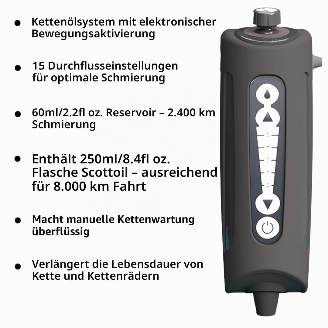Scottoiler xSystem 3.0+ Elektronischer Kettenöler Bluetooth-App-Steuerung All Climate Biologisch abbaubares Scottoil Grün