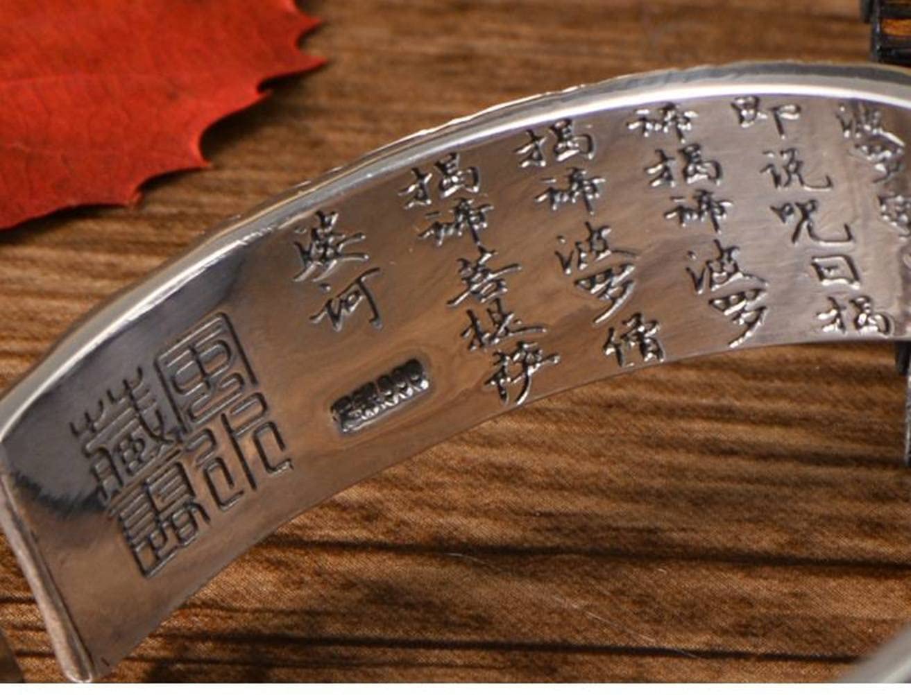 Bracciale Rigido Retrò in Argento Sterling 999 Bracciale Rigido in Argento Scritture Buddiste Femminile Larghezza Scritta Solida Maschile Braccialetto D'Argento Delle Scritture2