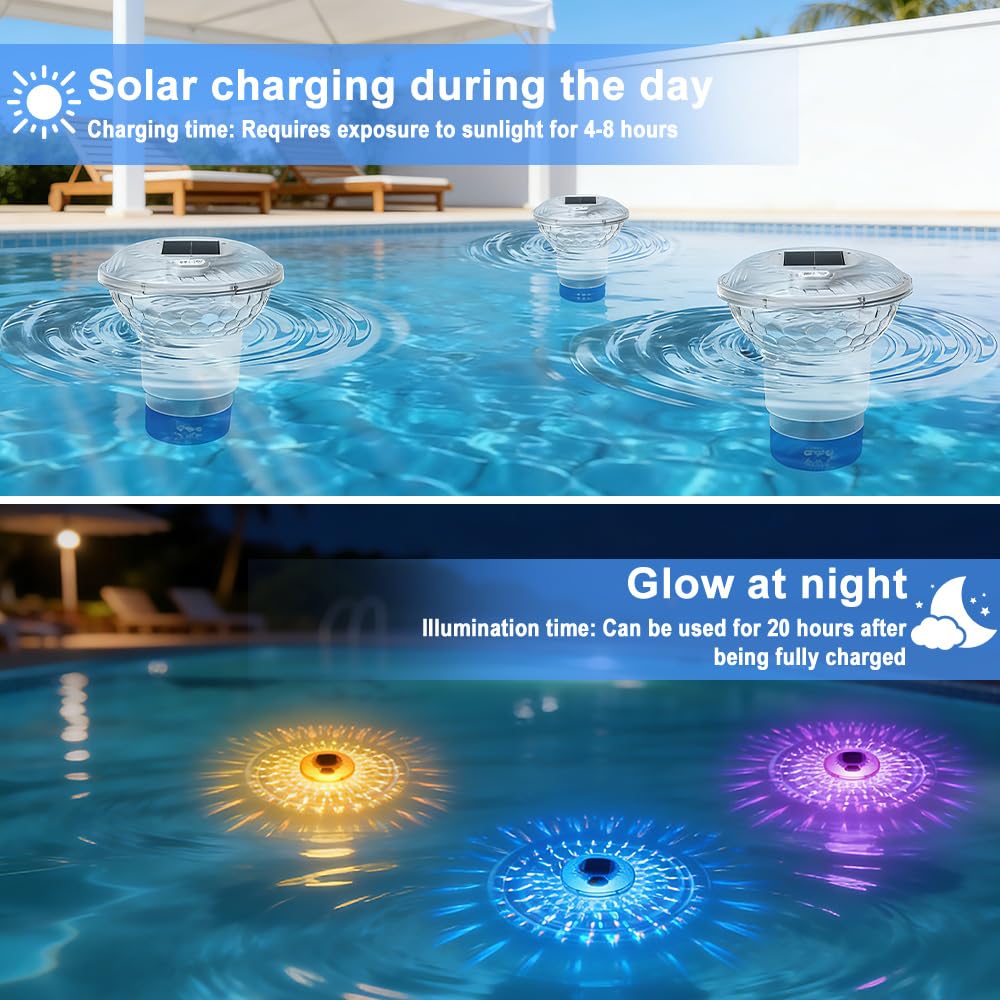 Mineup Diffuseur Chlore Piscine, Lampe Solaire Piscine Flottante avec Télécommande, Flotteur Chlore Piscine, Distributeur de Chlore Flottant, débit réglable et ouverture facile, lampe décorative RGB p