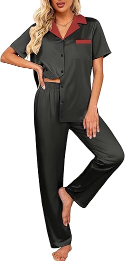 Ekouaer Satin Pajamas Set for Women Silk Button Down Sleepwear Short Sleeve Loungewear 2 Pieces Nightwear