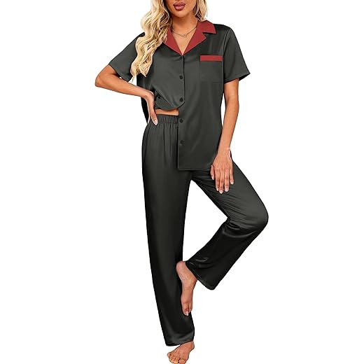 Ekouaer Satin Pajamas Set for Women Silk Button Down Sleepwear Short Sleeve Loungewear 2 Pieces Nightwear