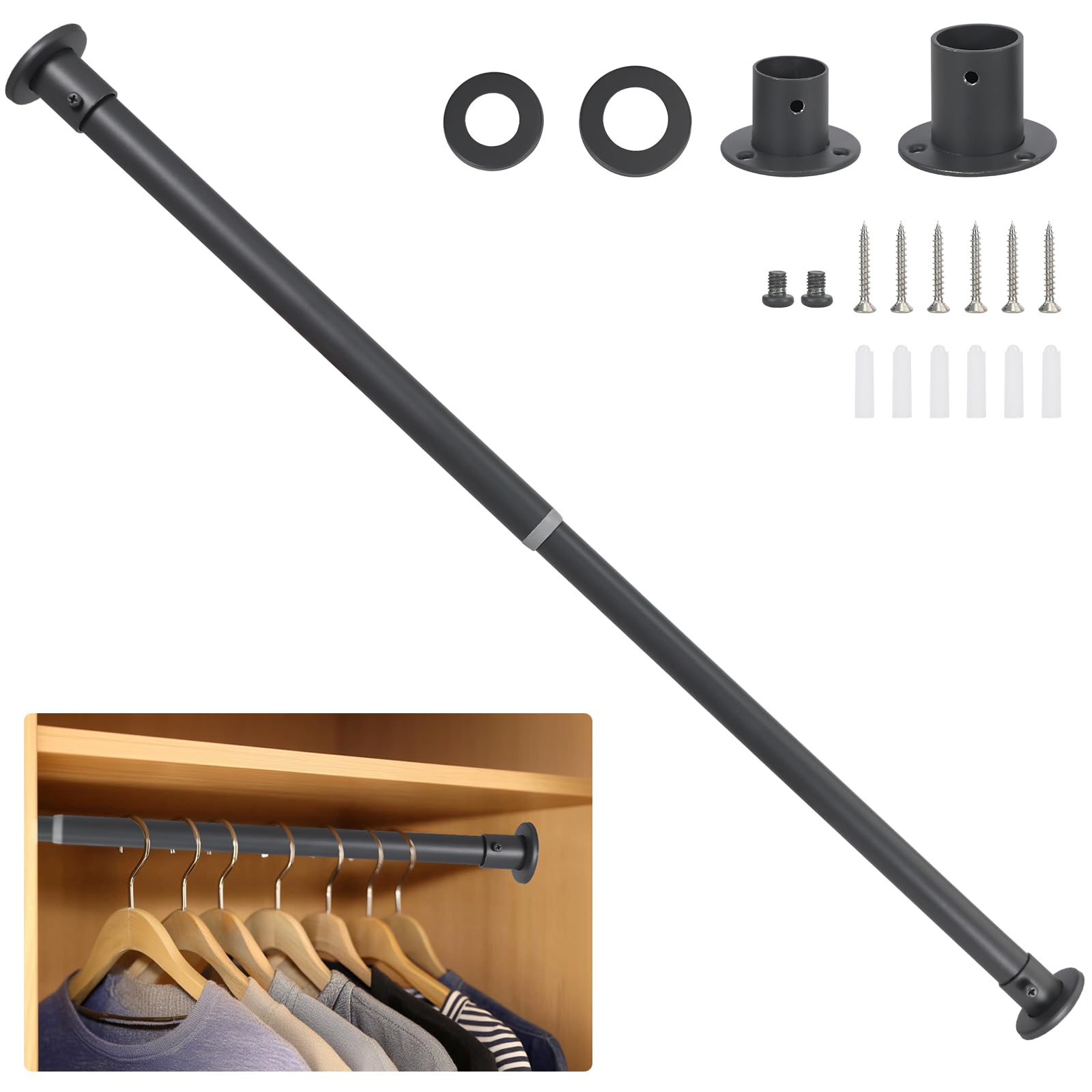 Wardlock 68cm-120cm Grey Extendable Stainless Steel Wardrobe Rail, Adjustable Clothes Rail Pole With End Sockets