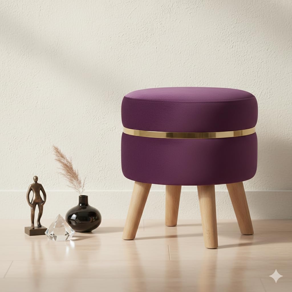 Wooden footrest Seating Stool with cusion Footstool for Living Room Bedroom Dressing Table 4 Leg Round Ottoman Rest Wooden Stool Ottoman footrest Footstool with cution Purple-picture-12