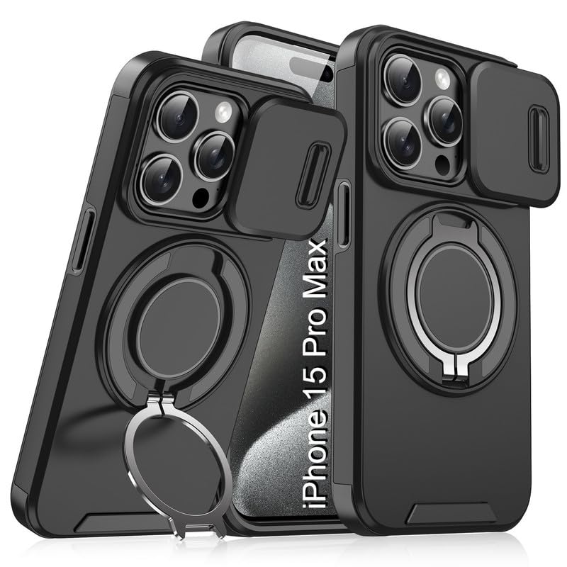 Image of LuxuryKase Shockproof Rugged Case for iPhone 15 Pro Max | Slide Camera Cover | 360 Rotating Ring Kickstand | Military-Grade Protection - Matte Black