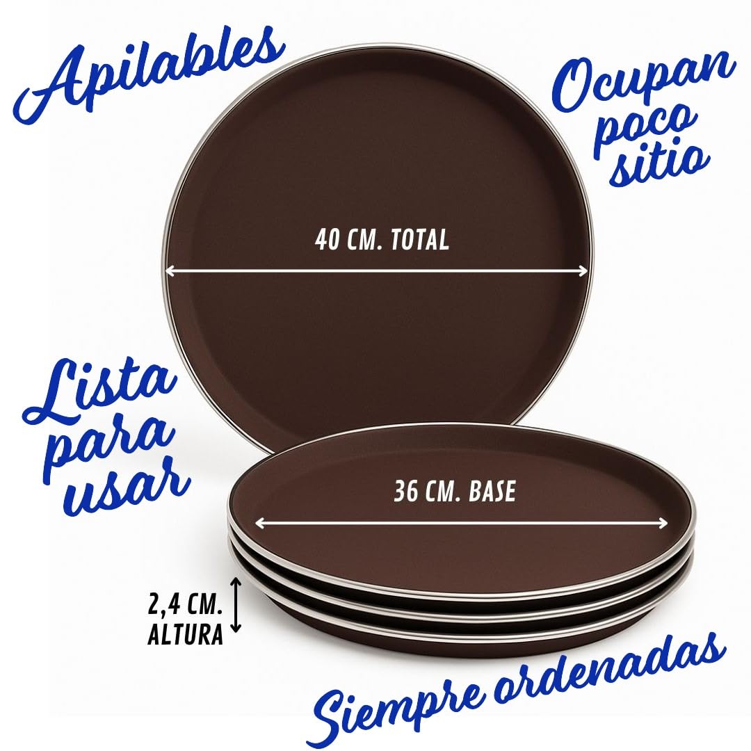 Juego de 2 bandejas redondas antideslizantes marrones de 40 cm con acero inoxidable y platos profesionales para servir alimentos y drenajes, perfecto para restaurantes, bares y uso doméstico