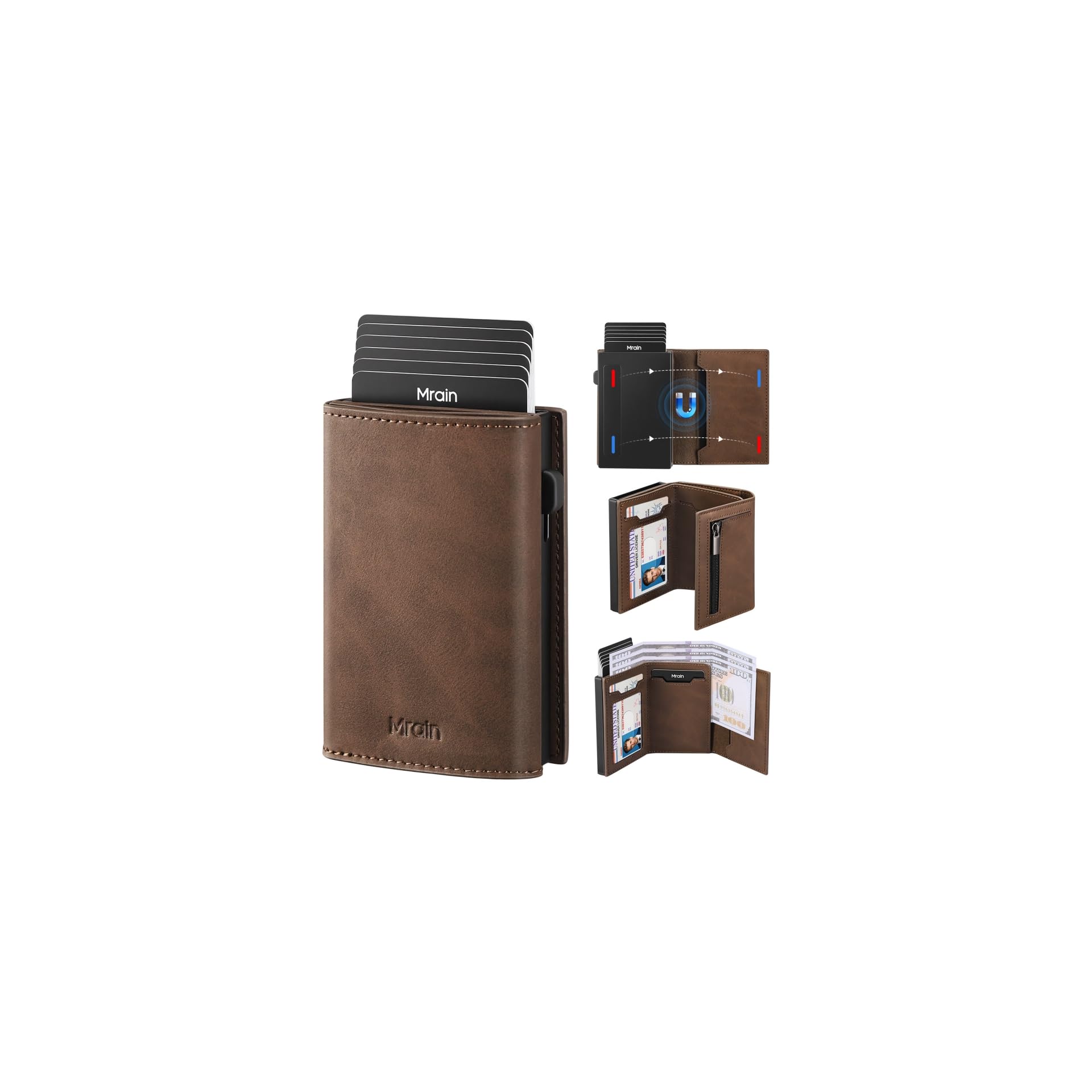 Mens Slim Minimalist Wallet Card Holder with Coin Pocket Cash Slot Magnetic Closure Pop Up Aluminum Case ID
