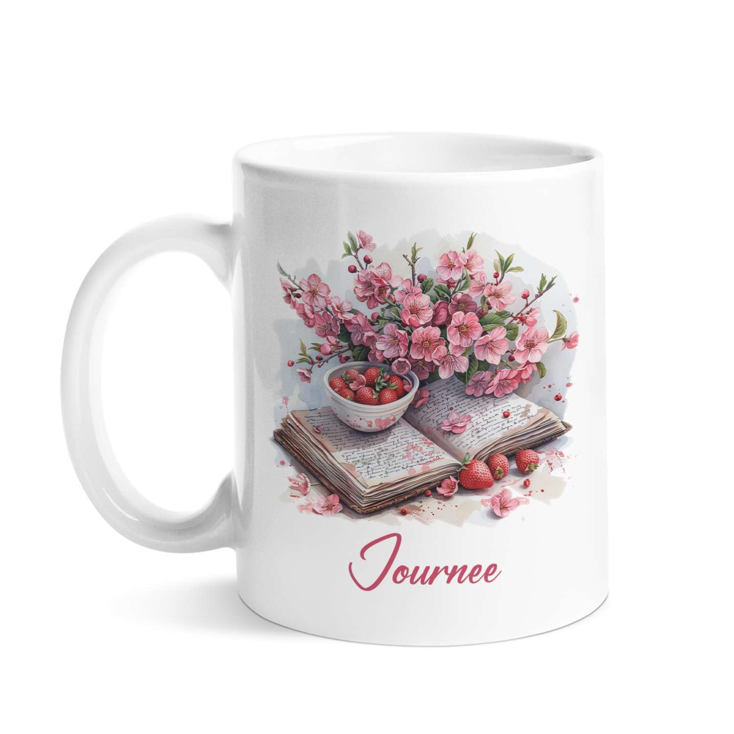 Custom Pretty Peach Blossom & Notebook Ceramic Mug, Personalized Novelty Tea Cup For Friends, Flower Themed Decorative Cup, Customized Name White Coffee Mug On Holiday, Flower Mugs