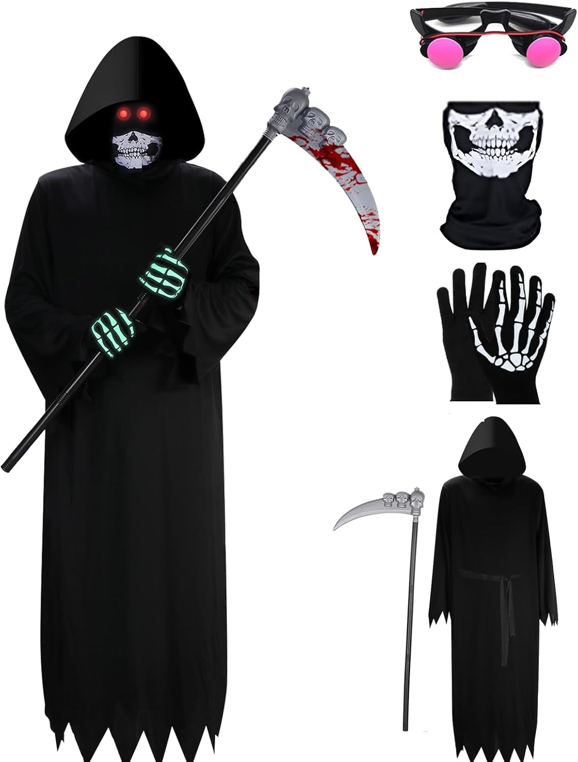 Halloween Grim Reaper Costumes for Boys Adult Grim Reaper Costume Kids 5Pcs Set Scary Ghost Cosplay Outfit Favors Gift