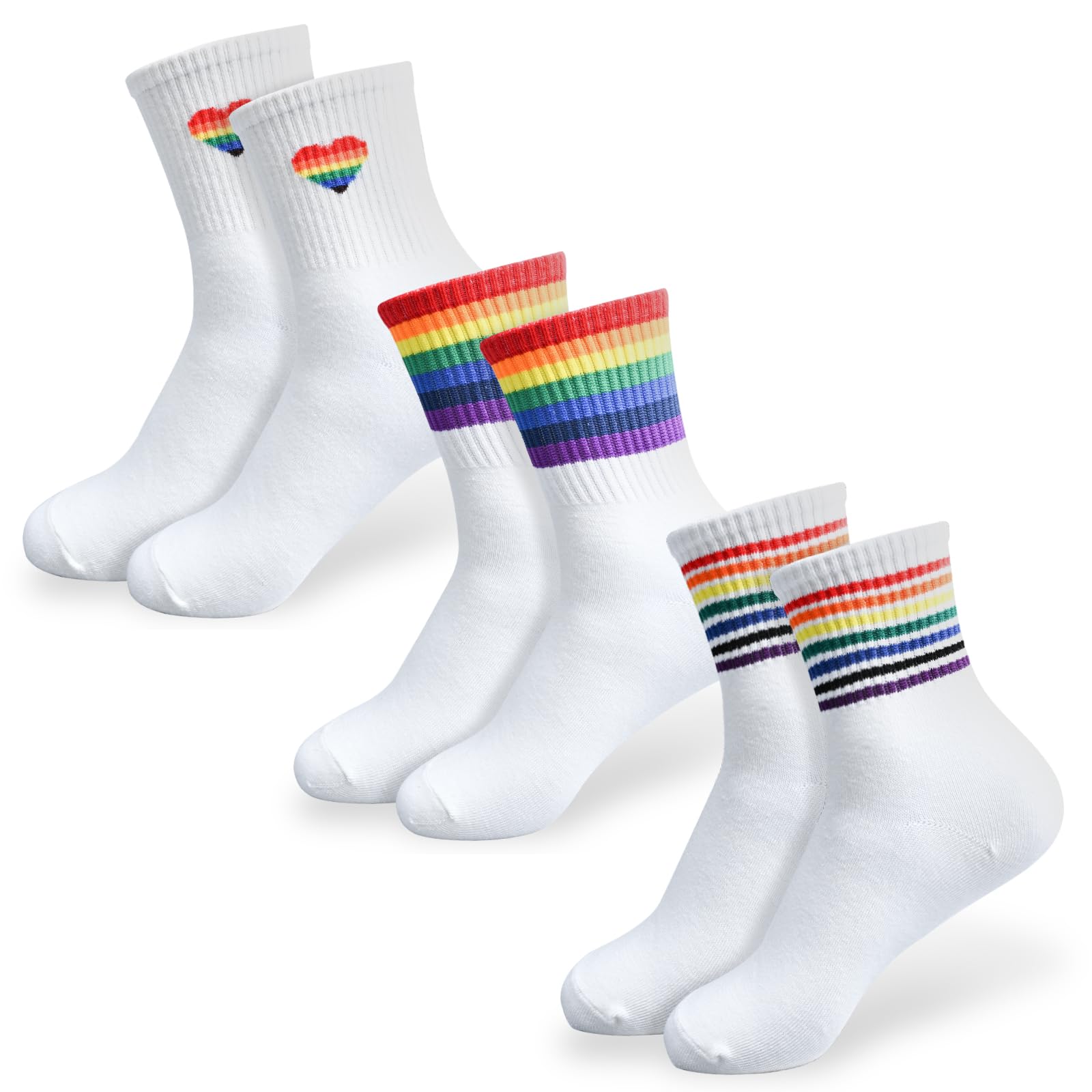 Mtuihfo Unisex White 3 Pairs Rainbow Socks Set, Pride Socks Women Men, Colorful Gay Crew Sock For Lgtbq Party Accessories