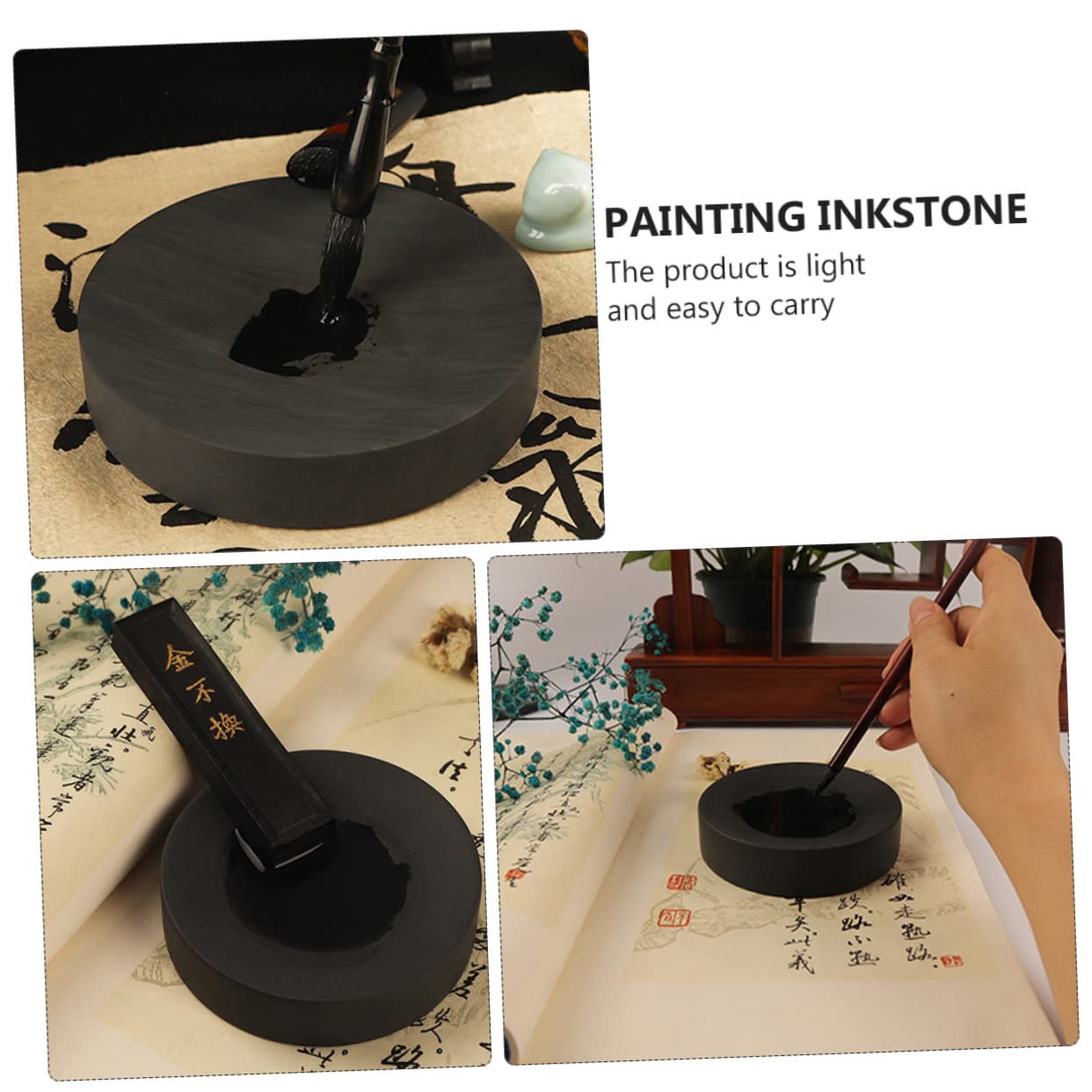 Gadpiparty Student Ink Round Calligraphy Inkslab Lightweight Chinese Inkstone for Painting Drawing Durable Traditional Inkslab Portable Calligraphy Tool for Artists