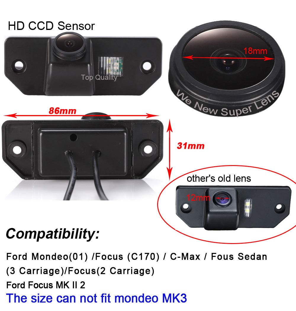 Lente HD 1280 * 720 Pixel 1000TV linee Telecamera Auto Posteriore, Visione Notturna HD Impermeabile,Telecamera Retromarcia Targa per Ford Mondeo/Focus/C-Max/Focus Sedan(3 Carriage)/Focus (2 Carriage)