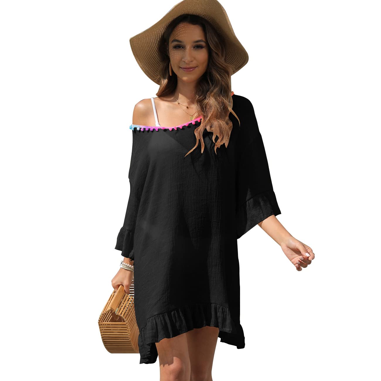 RPAEOY Vestido de Playa para Mujer Borla Volantes Algodón Suelto Ropa de Baño Playa Traje de Baño Vestido de Bikini Camisolas y Pareos Sexy Beach Bikini Cover up