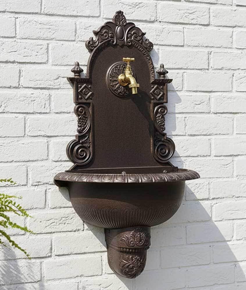 zeitzone Wandbrunnen Antik-Stil Waschbecken mit Wasserhahn Nostalgie Metall Braun
