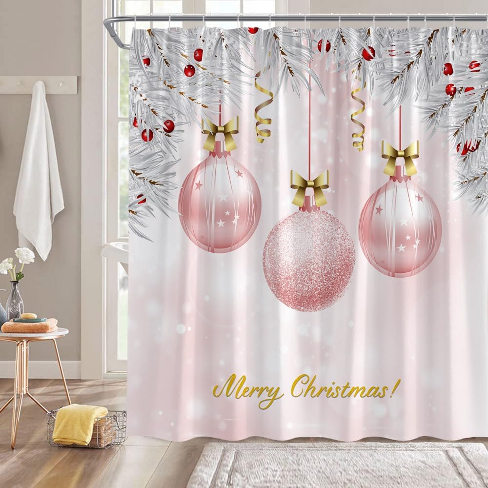 Merry Christmas Shower Curtain Silver Gray Xmas Ball Stars Dreamy Winter Holiday Seasonal Festival Happy New Year Fabric Bathroom Decor Curtain with Hooks