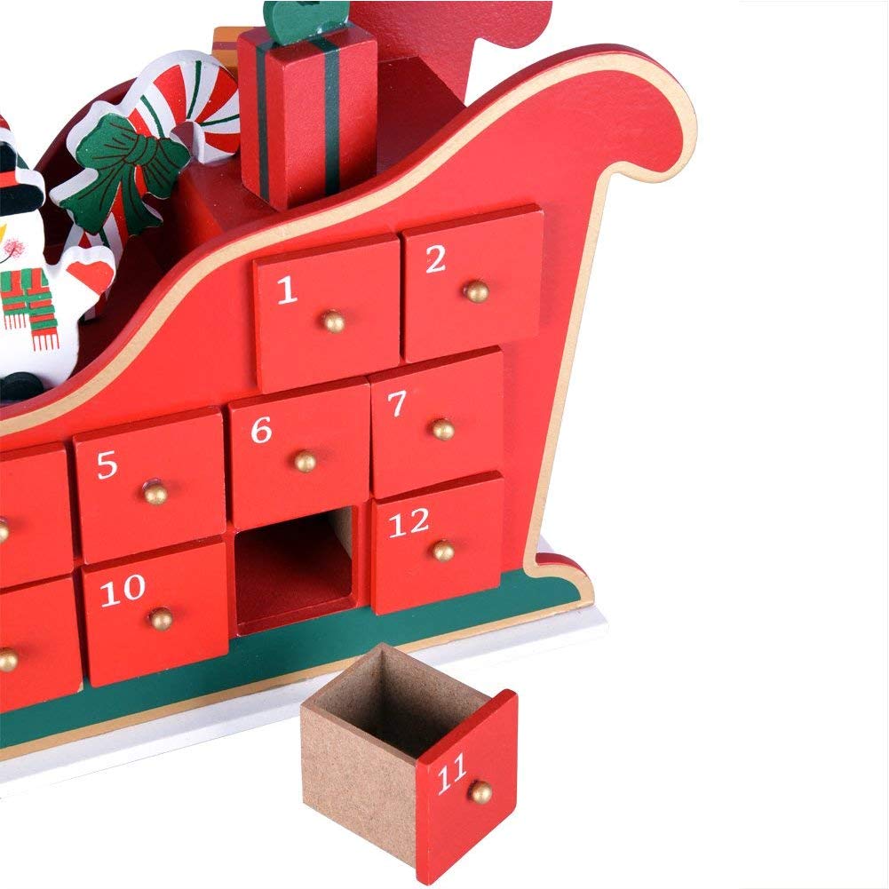 Bakaji Calendrier de l'Avent de Noël en bois avec 24 tiroirs numérotés pour surprise, décorations de Noël, maison (sange Père Noël)