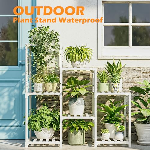 image for Bamworld Indoor Plant Stand Outdoor White Shelf Bamboo Plant Table for