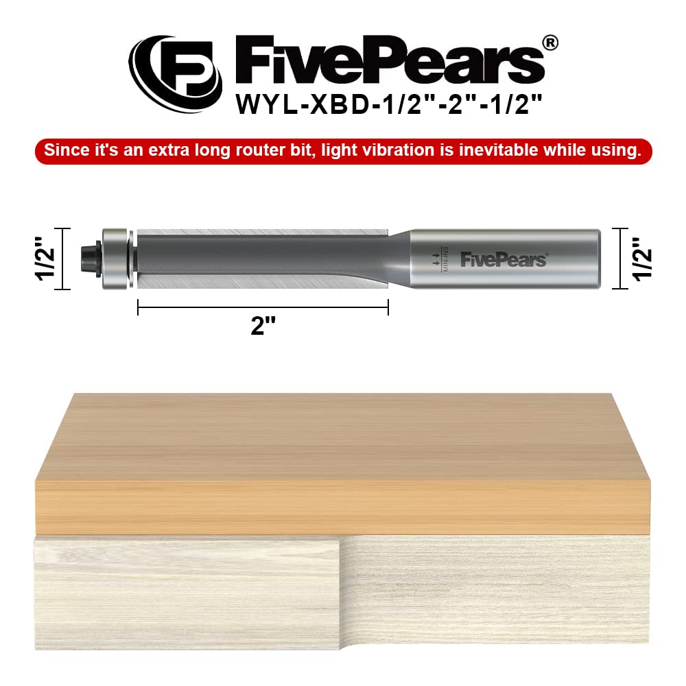 FivePears Flush Trim Router Bits 1/2 Inch Shank, 1/2 Inch Cutting Diameter, 2 Inch Cutting Length, Bottom Bearing Flush Straight Cut Trim Router Bit for Woodworking.