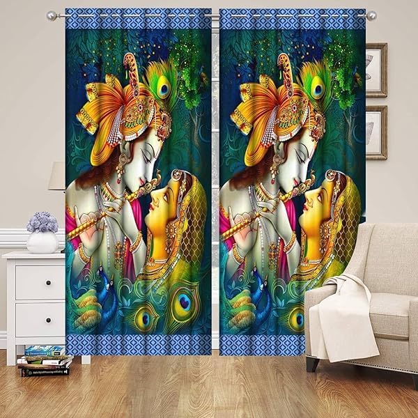 Image of Home Cotton HANDLOOMS Radha Rani and Krishna Digital Print Polyester Eyelet Door Curtain for Home & Decor | Divine Pooja Parda | (2, 5feet)