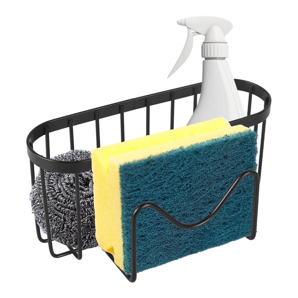 Dongker Black Kitchen Sink Sponge Holder,Stainless Steel Dish Sponge Hanging Caddy With Adhesive Hook & Suction Cups For Dish Basket Brush Kitchen