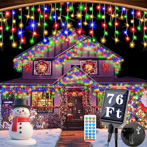 Aolupal Upgraded 640LED Solar Christmas Icicle Lights Outdoor Waterproof 60+16FT 13 Modes & USB Rechargeable Solar Powered Icicle Light for Roof House Yard Christmas Outdoor Decoration