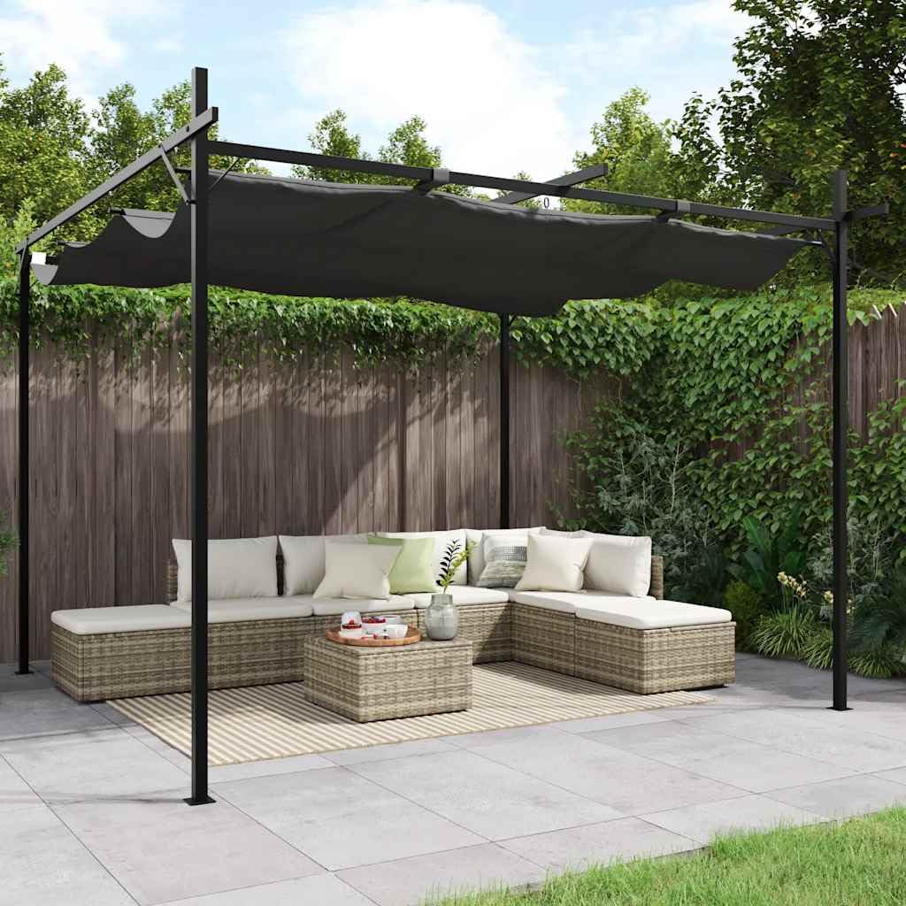 Pergola avec toit coulissant anthracite 295 x 292 x 230 cm, pergola en métal en acier revêtu par pulvérisation et aluminium, toit coulissant en tissu polyester avec revêtement PA pour personnalisation