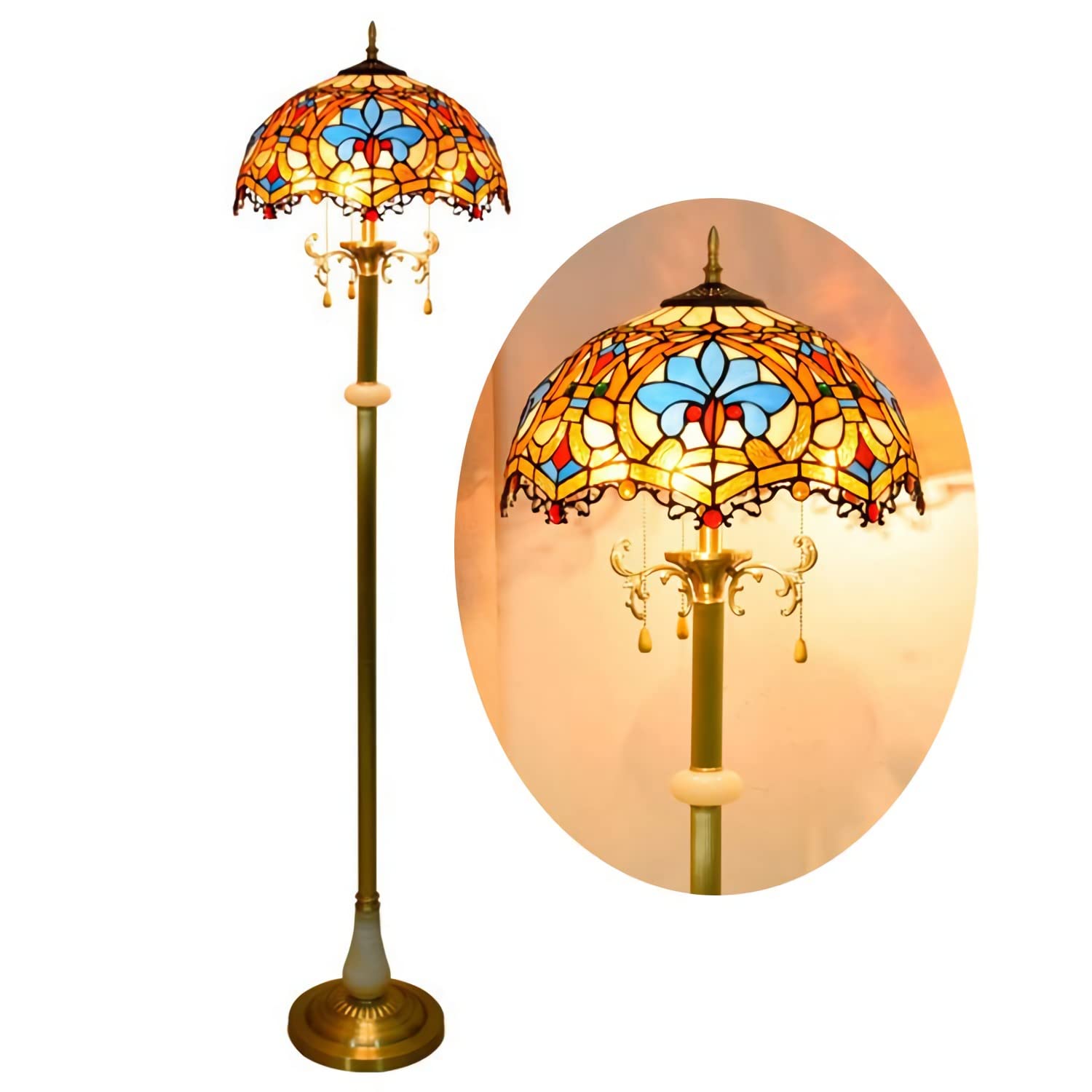IUokLU Tiffany-style Baroque-style Floor Lamp, 16 inch Stained Glass ReadLight, Vintage All Copper Base StandLamp for Bedroom Office