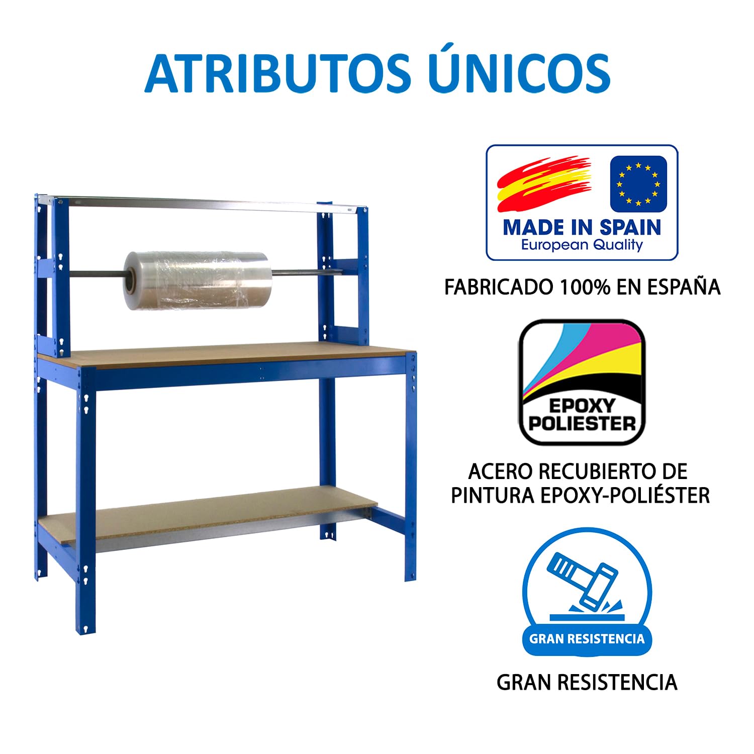 Simon Rack Banco de Trabajo con Porta Rollo y cajón 1210x760 mm - BT4 | Tablero madera 16 mm, Capacidad Carga 600 kg, Azul , Pintura anticorrosión, Montaje sistema clic