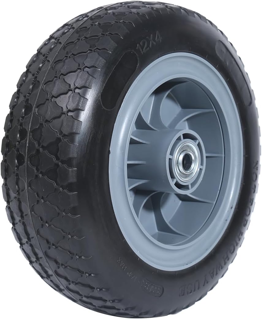 MaxxHaul 51195 12" Solid, Flat Free PU Tire and Wheel, with 5/8" Axle Bore Hole, 4" Wide with 3.0" Offset Hub for Hand Truck Garden Wagon Cart Trolley Dolly Lawn Mower Replacement Tire – 1 Pc