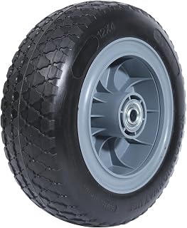MaxxHaul 51195 12" Solid, Flat Free PU Tire and Wheel, with 5/8" Axle Bore Hole, 4" Wide with 3.0" Offset Hub for Hand Truck Garden Wagon Cart Trolley Dolly Lawn Mower Replacement Tire – 1 Pc