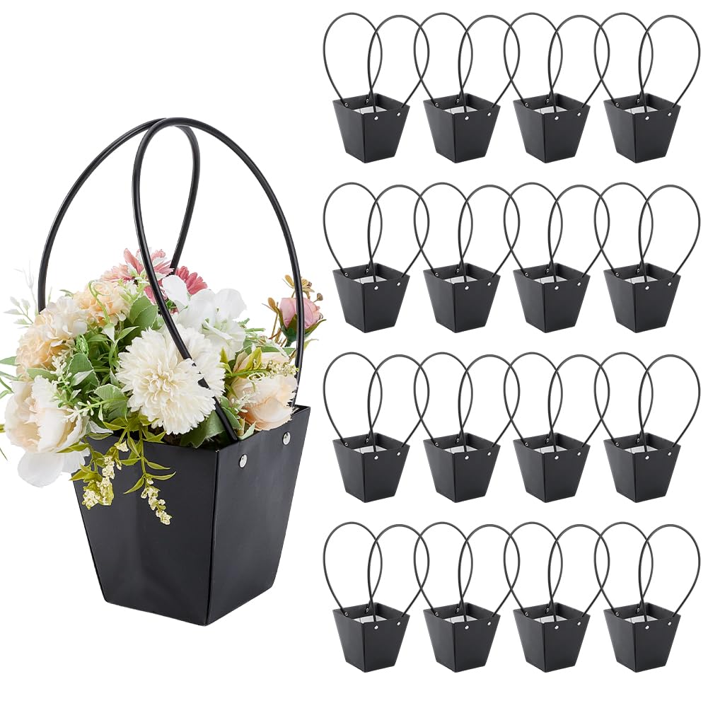 NBEADS 16 Pcs Trapezoid Paper Bouquet Bags with Handles, 12x12x12.5cm Flower Gift Tote Bags with Waterproof Lining for Mother's Day Wedding Floral Arrangements, Black