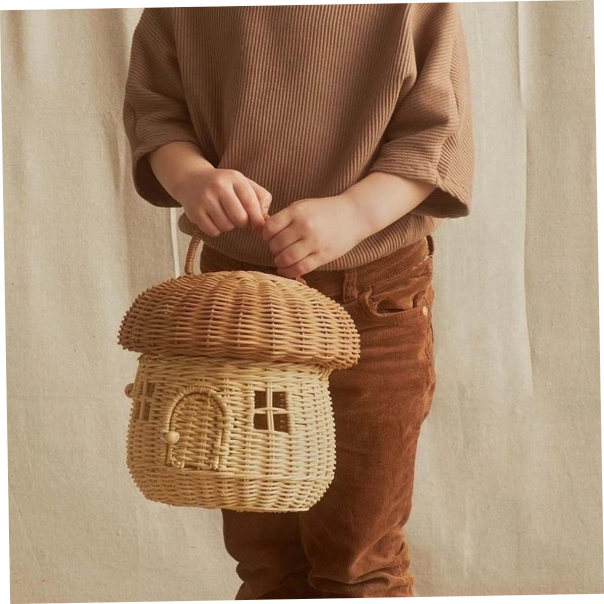 Cesta de Almacenamiento de Mimbre con Forma de Seta con Tapa, Cesta de Mimbre Tejida Decorativa de Gran Capacidad con asa para Organizador de estantes
