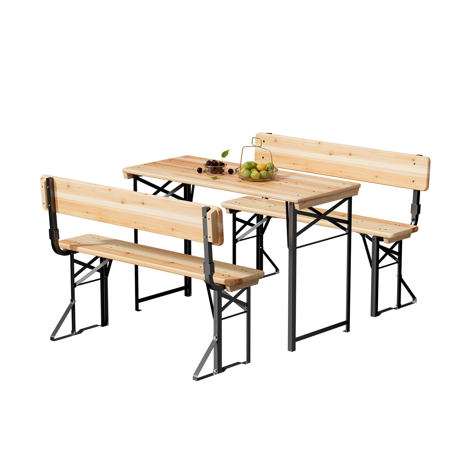 Bonnlo 3 Piece Folding Picnic Table Set, 4FT Wooden Trestle Beer Table with Foldable Backrest Benches for Outdoor Garden Camping, Fir Wood Dining Set with Steel Legs for Patio BBQ Party, Natural Wood