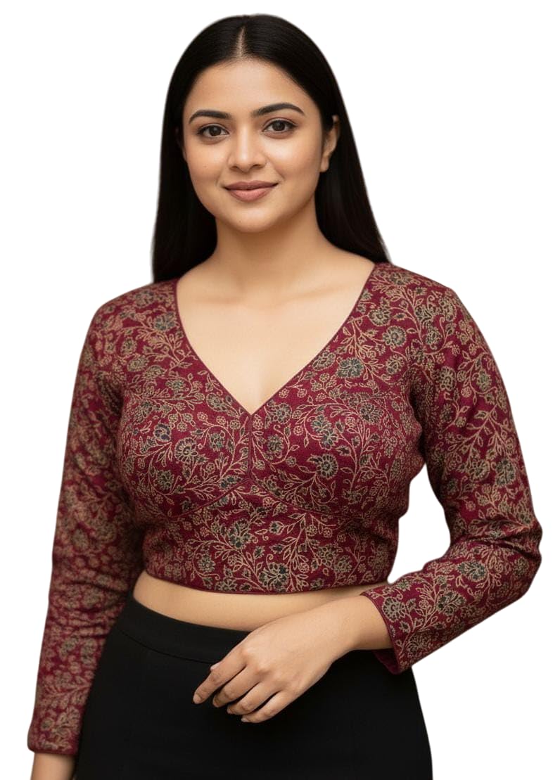 Designer Floral Print Crop Top, Maroon with Gold Pattern, V-Neck, Long Sleeve, Open Back with Tie Detail, Traditional Indian Style-image-23