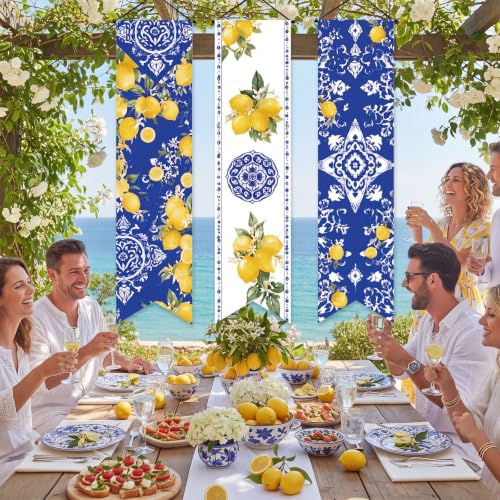 Image of Chiisong 3 Pcs Capri Lemon Party Decorations Banners Amalfi Coast Porch Signs Mediterranean Yellow Blue Hanging Flags Photo Props Backdrop for Outdoor Wall Yard Birthday Bridal Shower Italian Summer