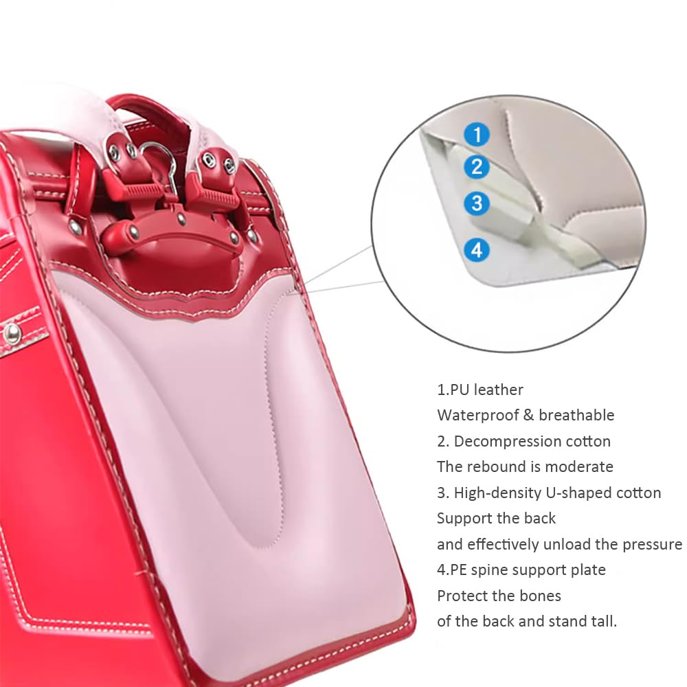 Ransel Randoseru Torba na dużą pojemność Skórzane japońskie torby szkolne Plecak lekki dla dziewcząt chłopców,Red,36 * 27 * 23CM