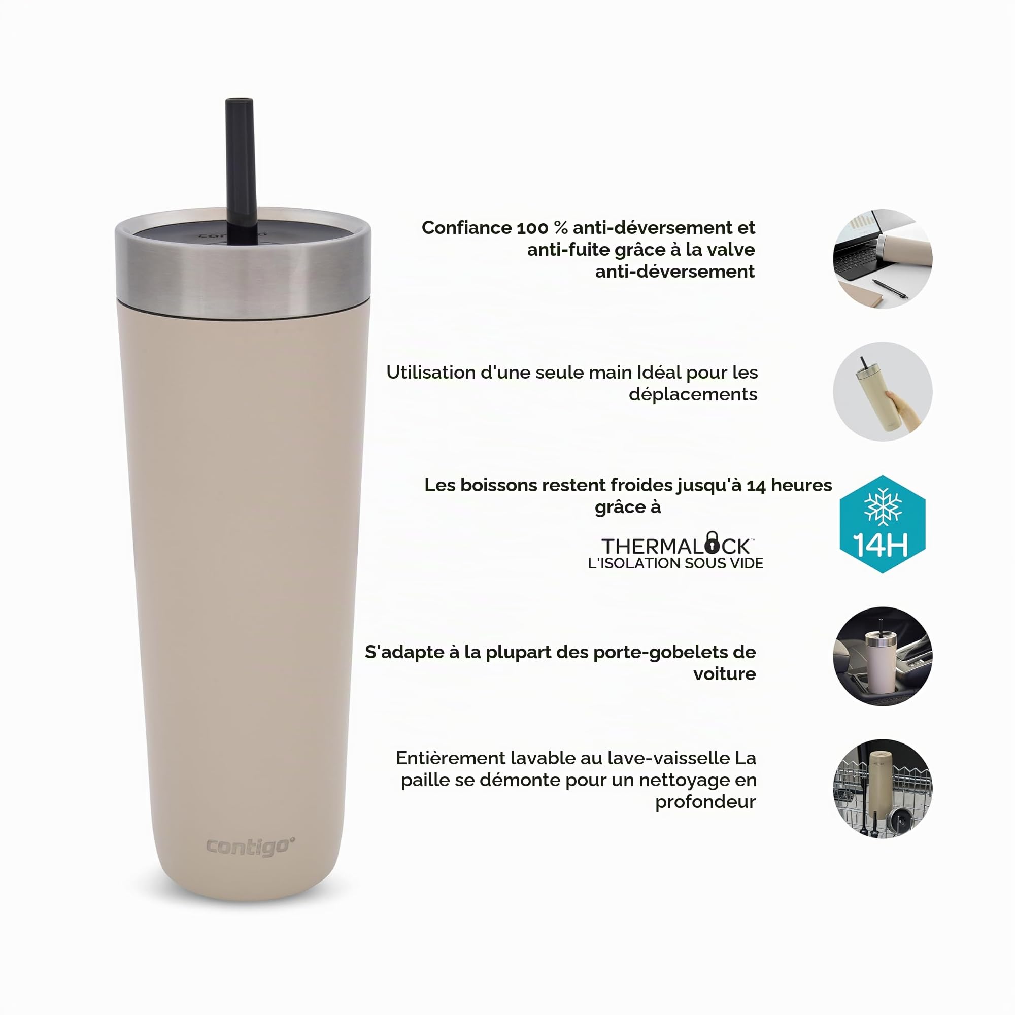 Contigo No-Spill Mug Isotherme avec Paille | Gobelet | Froid 14 h | 720 ml