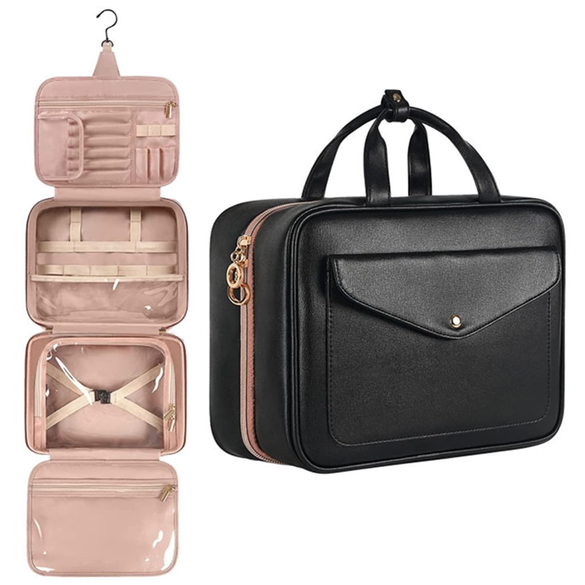 GenericToiletry Bag, portable large waterproof cosmetic bag, women's travel cosmetic bag, hanging toiletry bag with hook, holds toiletries, cosmetics, brushes, bottles (Black)