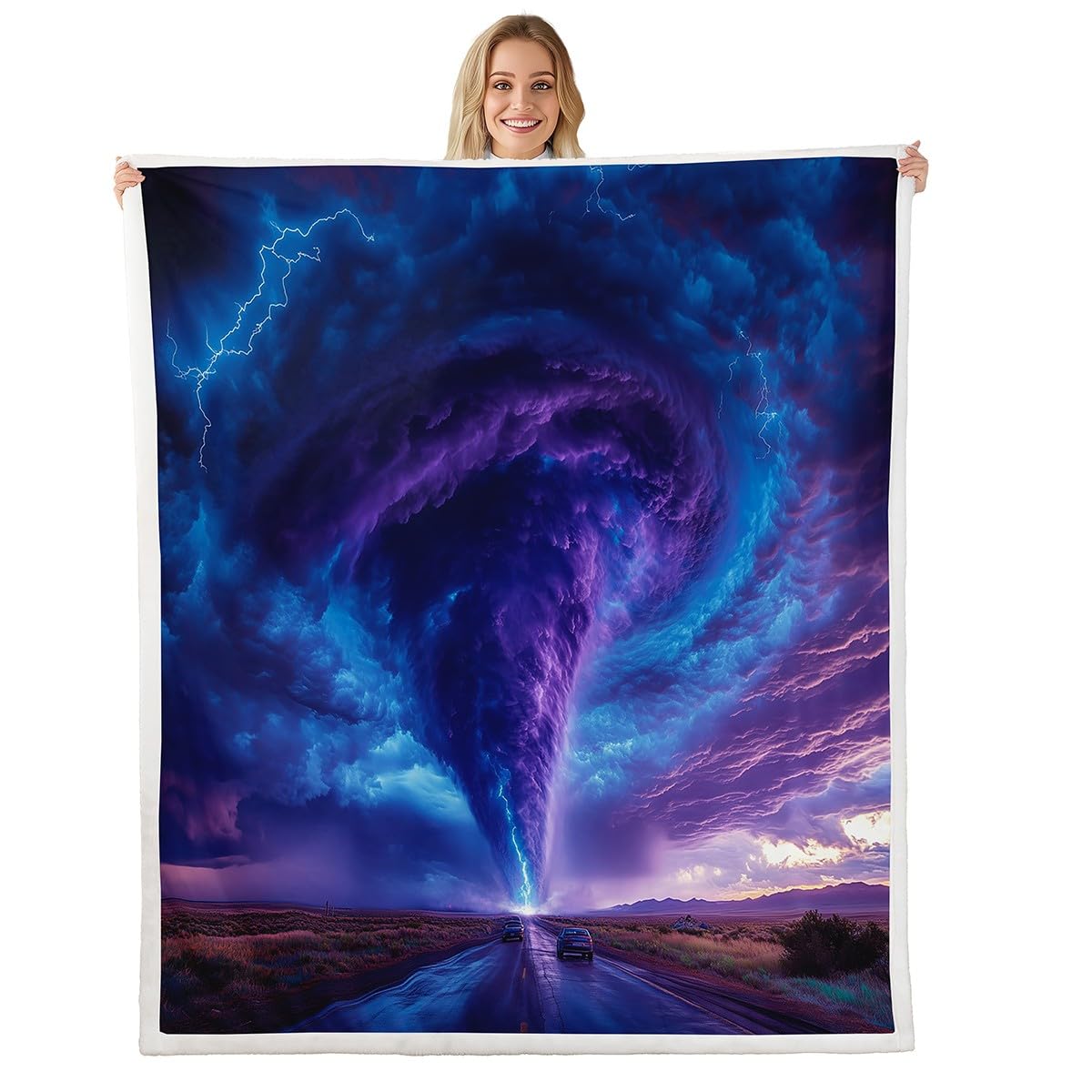 Erosebridal Nature Blanket Queen 90x90,Ombre Lightning Tornado Sherpa Blanket for Bedroom Living Room,Dreamy Purple Blue Warm Throw Blanket for Sofa