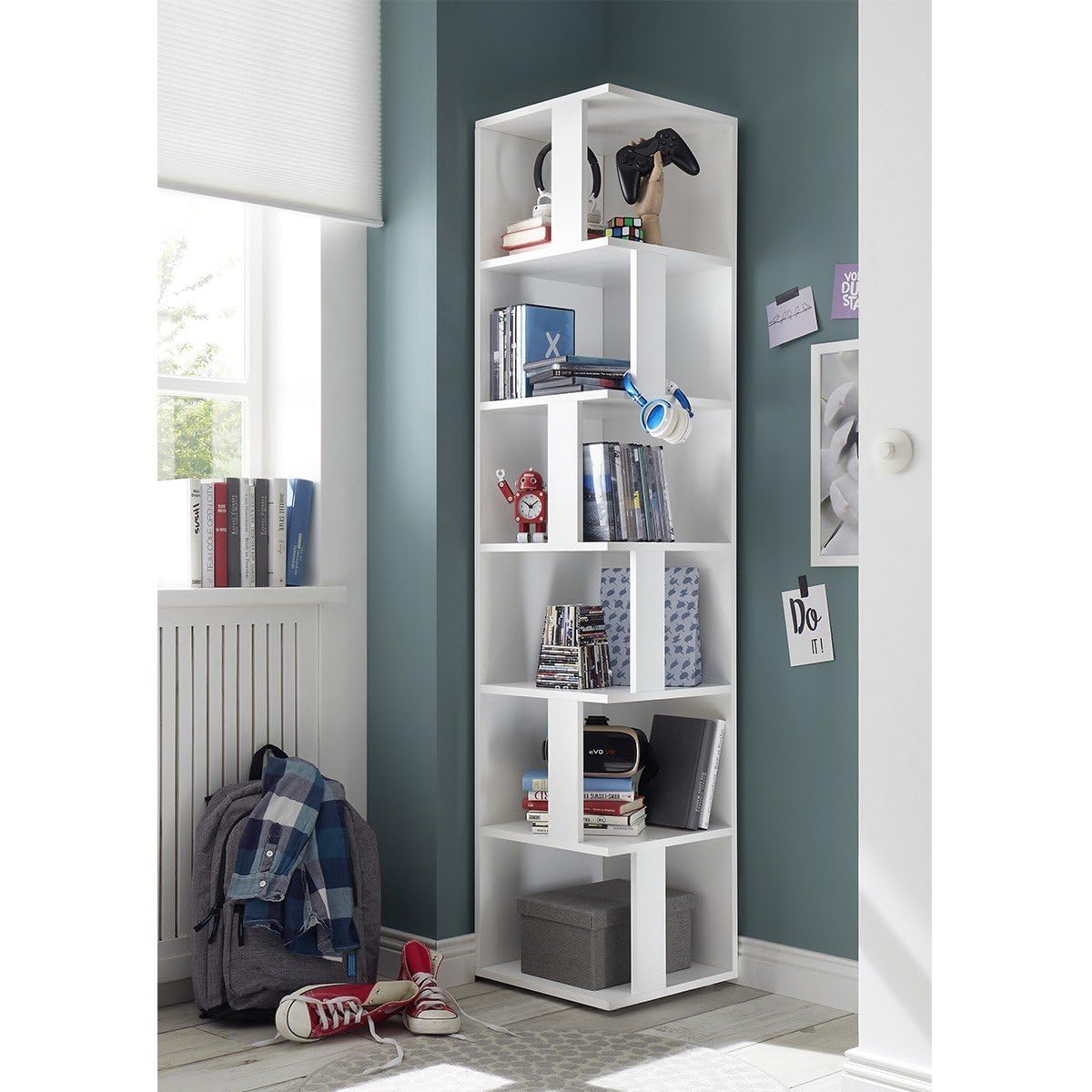 CORNER Eckregal in Weiß - Platzsparendes Standregal mit 6 offenen Fächern für Wohnzimmer, Jugendzimmer oder Flur - 38 x 186 x 38 cm (B/H/T)