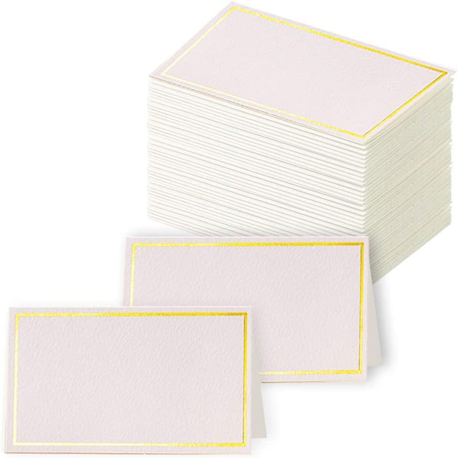 Premium Place Cards with Gold Foil Border, 100Pcs Small Table Tent Cards, Escort Cards, Blank Fillable Banquet Seat Cards Name Card Placecard for Wedding, Table, Dinner Parties, 2x3.5 Inches (White)