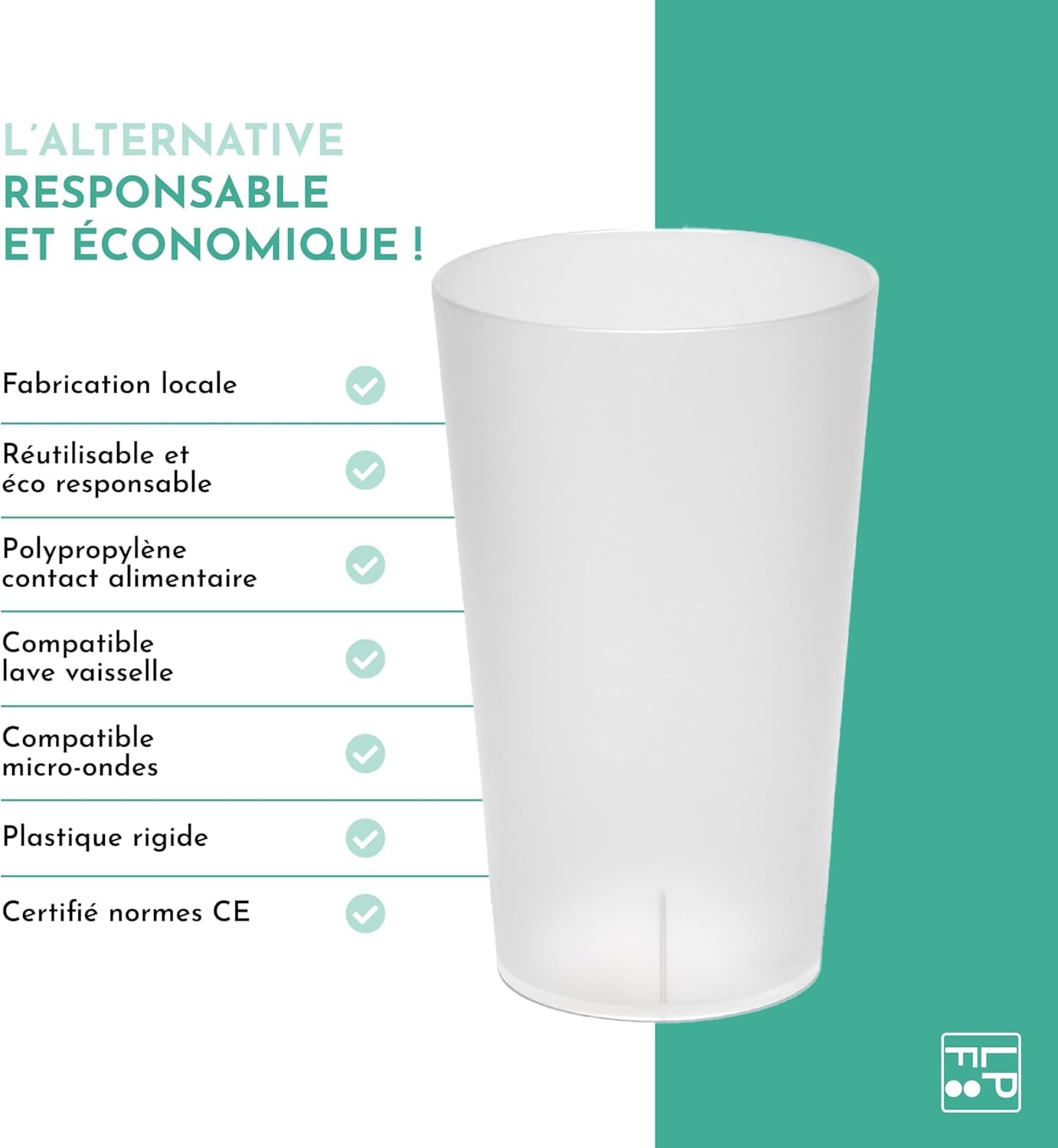 LPF LE PETIT FOURNISSEUR - Lot de 200 Gobelets réutilisables 25cl (33cl à ras-bord) - Polypropylène (PP) alimentaire rigide - Gobelets plastique durables - Compatible lave-vaisselle - Couleur Givrée