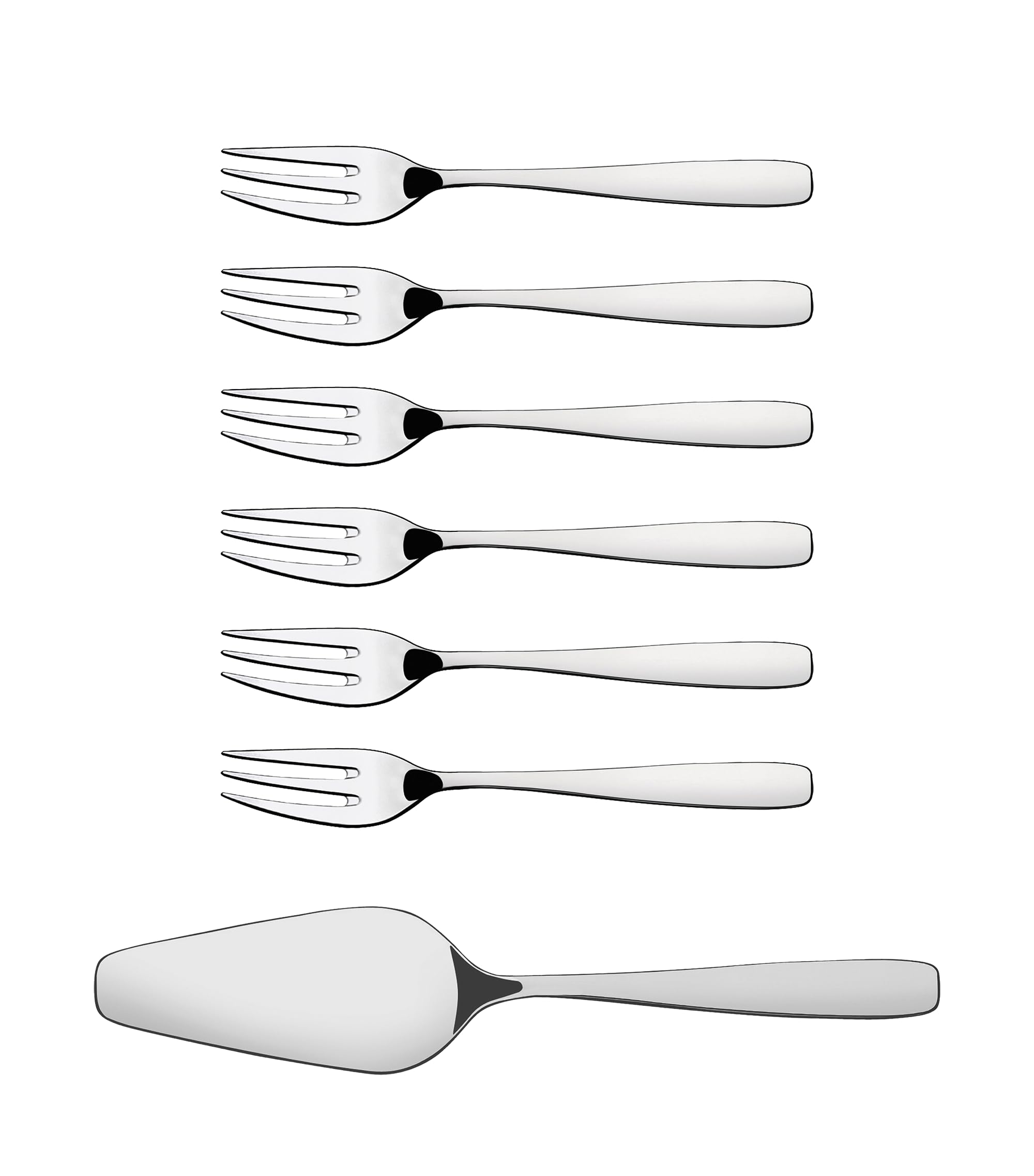 Set of 6 Stainless Steel Cake Dessert Forks (14.5cm) and 1 Cake Server | Dishwasher-Safe | Pastry Forks | Mirrored Finish