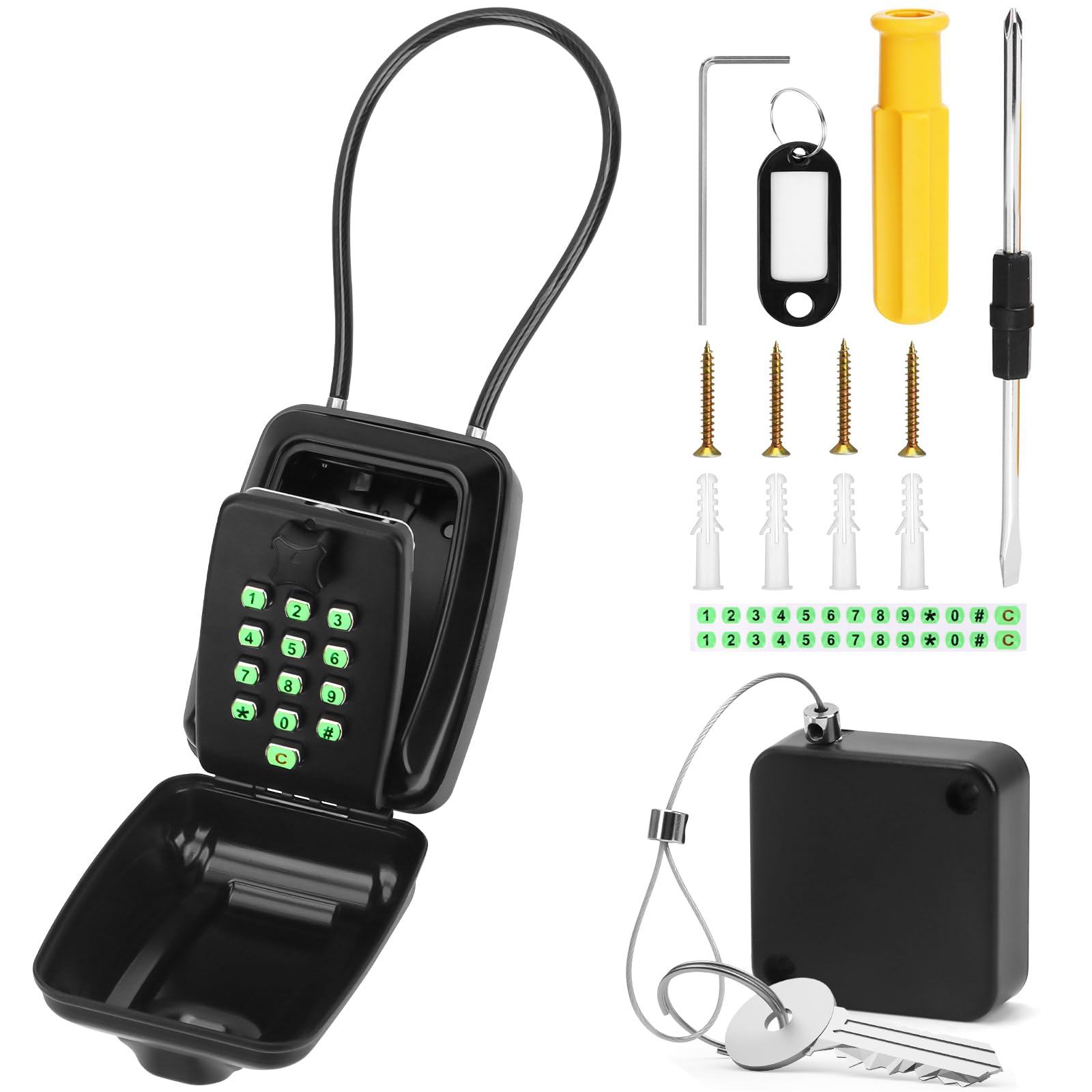 Key Safe Wall Mounted - Portable Key Lock Box Outdoor with Removable Shackle, Retractable Tether & Illuminated Button Stickers - Large Key Box for Home Office, Free of Installation