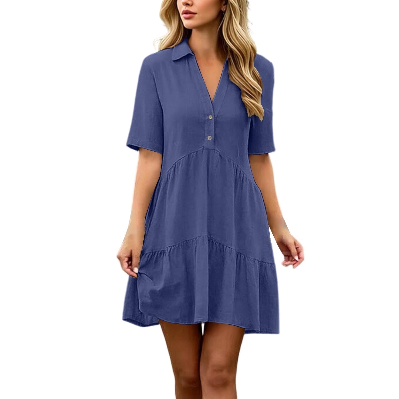Generico Abito da Donna in Cotone E Lino - Abito Estivo Casual E Ampio Miniabito con Scollo a V, Bottoni E Maniche Corte per Estate E Vacanze Uso Quotidiano E Spiaggia Tutte Le Occasioni