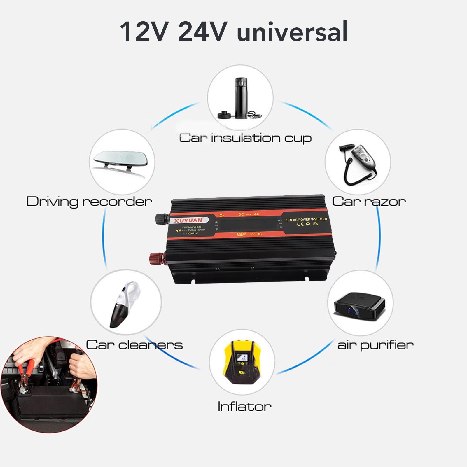 Cuifati Inversor de Onda Sinusoidal Pura de 1000 W, Inversor de Corriente para Coche de 12 V 24 V con Disipación de Calor Automática, Inversor de Corriente Solar para Coche con