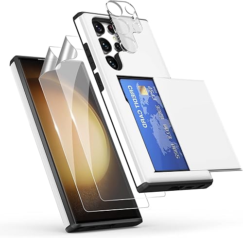 Zuslab Funda tipo cartera para Galaxy S23 Ultra, ranura para tarjetero, protección a prueba de golpes, funda de doble capa, 2 protectores de