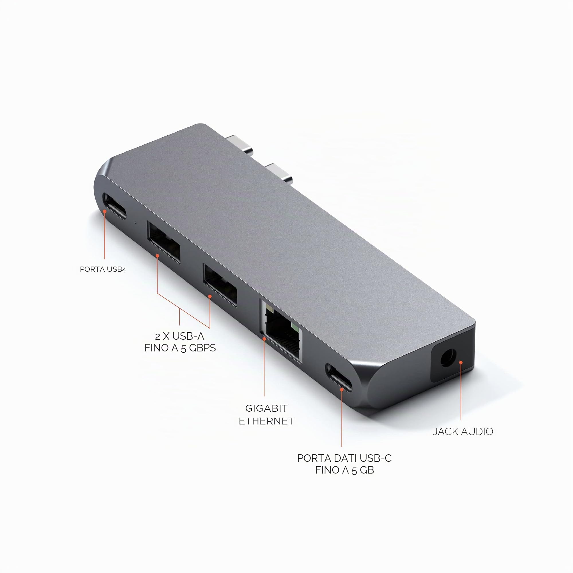 SATECHI Hub Dual USB C Pro 6 in 1, USB4 40Gbps, HDMI, 100W, Grigio | Per MacBook Air e Pro, video fino a 5K@60Hz, Ethernet, 1x USB-C e 2x USB-A a 5Gbps, porta audio