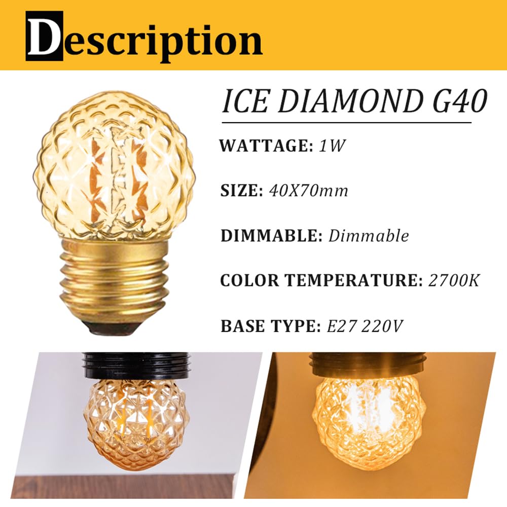 Złota odcień Edison Bulb G40 1W Dimmable LED Filament Globe Globe Pineasple Kształt 2200K E27 Dekoracyjna żarówka 15pcs